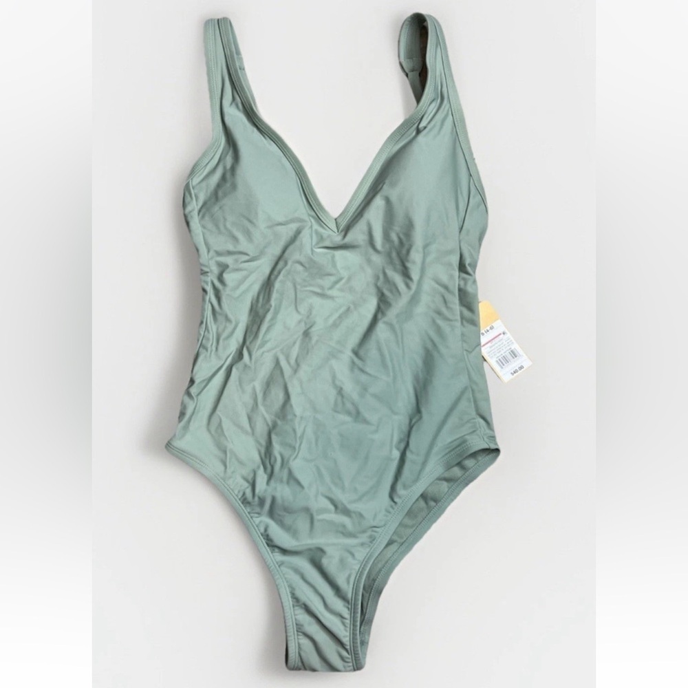Kona Sol V Neck High Leg One Piece Swimsuit Size Small Sage Green Bathing Suit